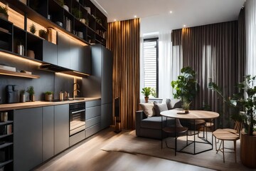 a small urban apartment into a functional and stylish space, maximizing storage and aesthetics.  - obrazy, fototapety, plakaty