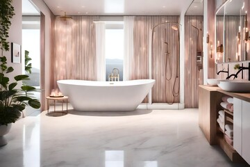 Fototapeta na wymiar a spa-inspired bathroom with a freestanding bathtub, natural stone tiles, and soothing ambient lighting, incorporating a minimalist palette of pure white and pale blush pink. 