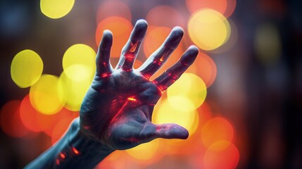 A purple open hand with neon pink lines of light coming out of it. Abstract halloween concept in bokeh style with copy space.