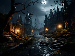 Mysterious Halloween cemetery art. AI Generation.