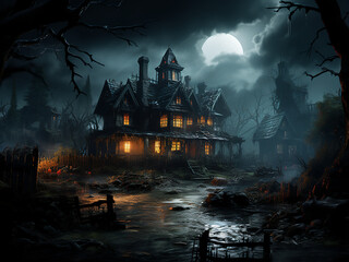 Artistic rendering of a horror-filled haunted house. AI Generation.