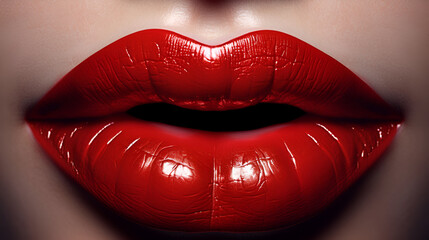 Close-up of woman's lips with bright red lipstick - obrazy, fototapety, plakaty