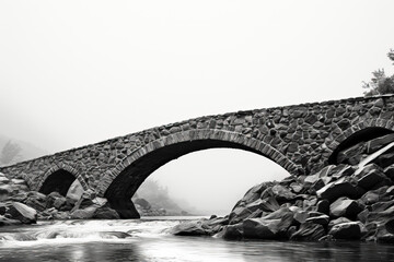 Ancient stone bridge in minimalistic black and white background with empty space for text 