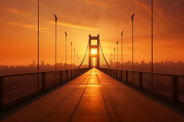 Obraz premium Contemporary suspension bridge at sunset minimalist style background with empty space for text 