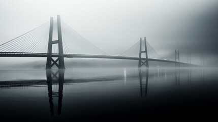 Haunting monochrome shot of foggy cable-stayed bridges in minimalist style 