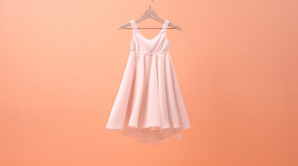 White dress hanging on the clothes hanger on a pink background.