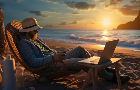 Using A Laptop Computer On The Beach. Freelance Work, Vacation, Remote Work, Social Distancing, E-learning, Communication, Creative Professional, New Business, Online Meeting Concept