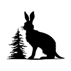 Vector silhouette of hare in the forest isolated on white background