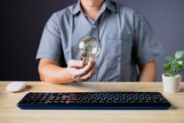 innovation technology success business. Digital transformation. person hand holding power lightbulb...