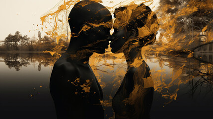 abstrato todo preto ouro dupla exposição paisagem beijo
 - obrazy, fototapety, plakaty