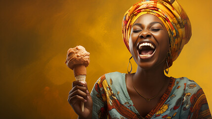 mulher africana  com expressão sorridente com sorvete - obrazy, fototapety, plakaty