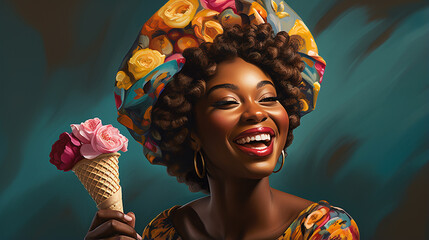 mulher africana  com expressão sorridente com sorvete - obrazy, fototapety, plakaty