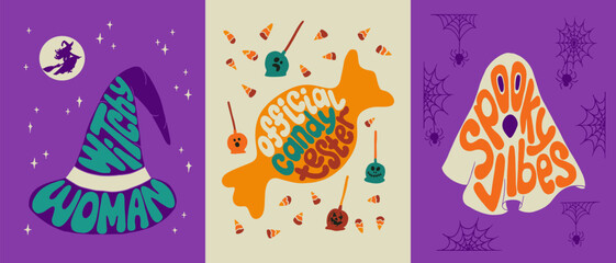 Groovy Halloween retro typographic lettering set. Hand drawn holiday slogans in shapes of candy, witchs hat and ghost. Trendy print design for posters, cards, tshirt, social media graphics