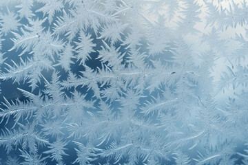A frost pattern on a windowpane. Ice crystals or cold winter background. Generative AI