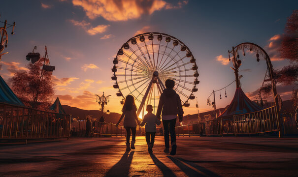 Parents and children arriving to play happily and have fun at amusement park in sunset silhouette.