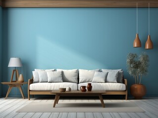 An open living room with blue wall and white sofa and wooden table generative ai