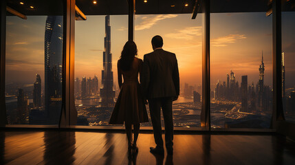 Fototapeta na wymiar A successful busines couple looking out over the city from his high building office window. Successful business concept