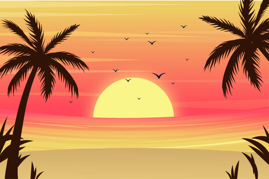 gradient sunset beach and palm silhouettes landscape summer background