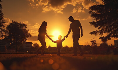 Parents and children playing and having fun in outdoor park in silhouette at sunset on Children's Day.