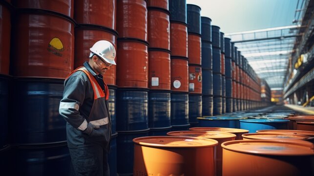 Engineer inspecting and checklist petroleum drum oil stock barrels for transportation at station oil factory.