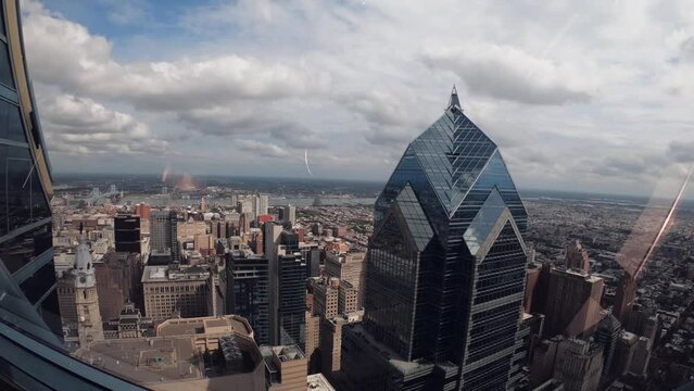 Aerial view from One Libery Observation Deck of Philadelphia with downtown traditional old and modern tall glass skyscrapers. Panoramic view of Philadelphia, Pennsylvania skyline