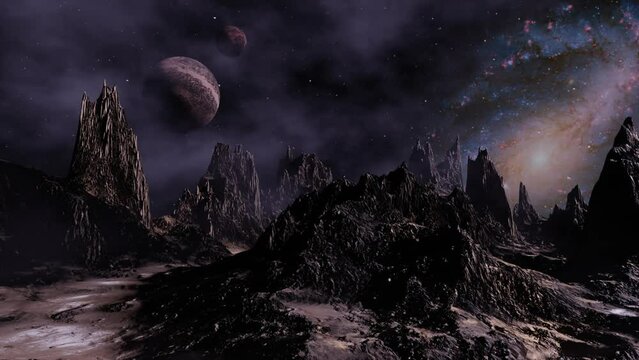 Alien planet dramatic landscape dolly camera movement 3D render.