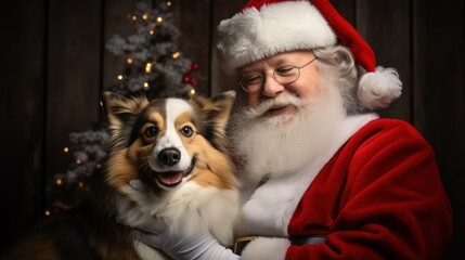 Santa Claus and santas helper corgi dog portrait. Happy Santa Claus with dog near Christmas tree. Santa for dogs sale web banner