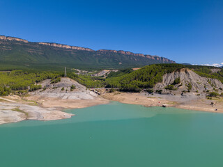 Aerial drone photo of the lake Aragon in the Spanish Pyrenees