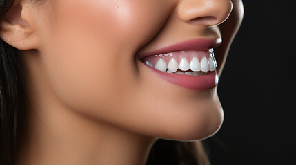 Close-up female mouth, beautiful teeth advertising banner background.