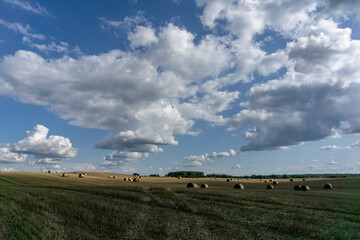 Bales of grain against the background of clouds.