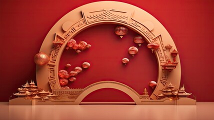 Inside the red colored Chinese hall and palace background for Chinese new year festival decoration.