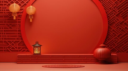 Inside the red colored Chinese hall and palace background for Chinese new year festival decoration. - obrazy, fototapety, plakaty
