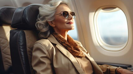 A senior business woman sitting comfortably in a window seat on a luxurious first class airplane.