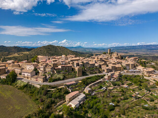 Aerial drone photo of the Spanish town named sos del rey Catolico, a town on top of a hill.