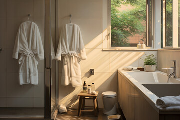 Obraz na płótnie Canvas photo capturing a person in pajamas standing in a sleek and modern bathroom, gently brushing their teeth in a relaxed and calm morning routine setting, emphasizing the importance o