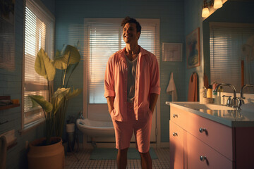 photo capturing a person in pajamas standing in a sleek and modern bathroom, gently brushing their teeth in a relaxed and calm morning routine setting, emphasizing the importance o