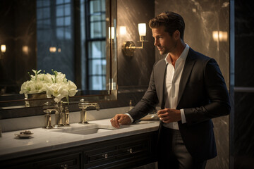 individual in a stylish bathroom, brushing their teeth with poise and sophistication, highlighting the connection between personal grooming and a sophisticated lifestyle
