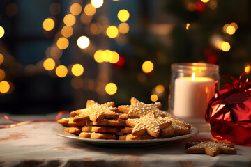 Christmas cookies in a table with a candle and decoration for christmas eve. Christmas lights in the background. Holiday mood copy space