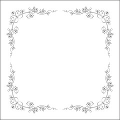 Black and white vegetal ornamental frame with apple tree, decorative border, corners for greeting cards, banners, business cards, invitations, menus. Isolated vector illustration.