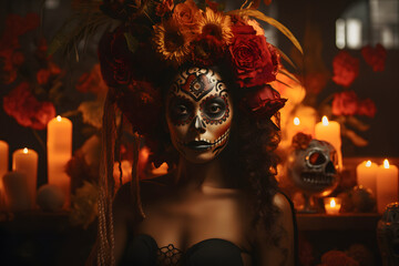 Close-up portrait of woman with skull face makeup with candles in the background. Catrina makeup, dia de muertos. Day of the dead festival in Mexico.  - obrazy, fototapety, plakaty