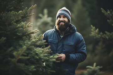 Bearded man on a beanie choosing a Christmas tree for christmas - obrazy, fototapety, plakaty
