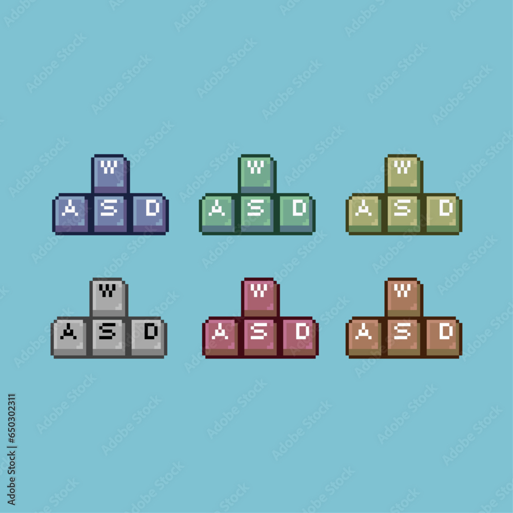 Fototapete pixel art sets of wasd keyboard with variation color item asset. simple bits of wasd key on pixelate
