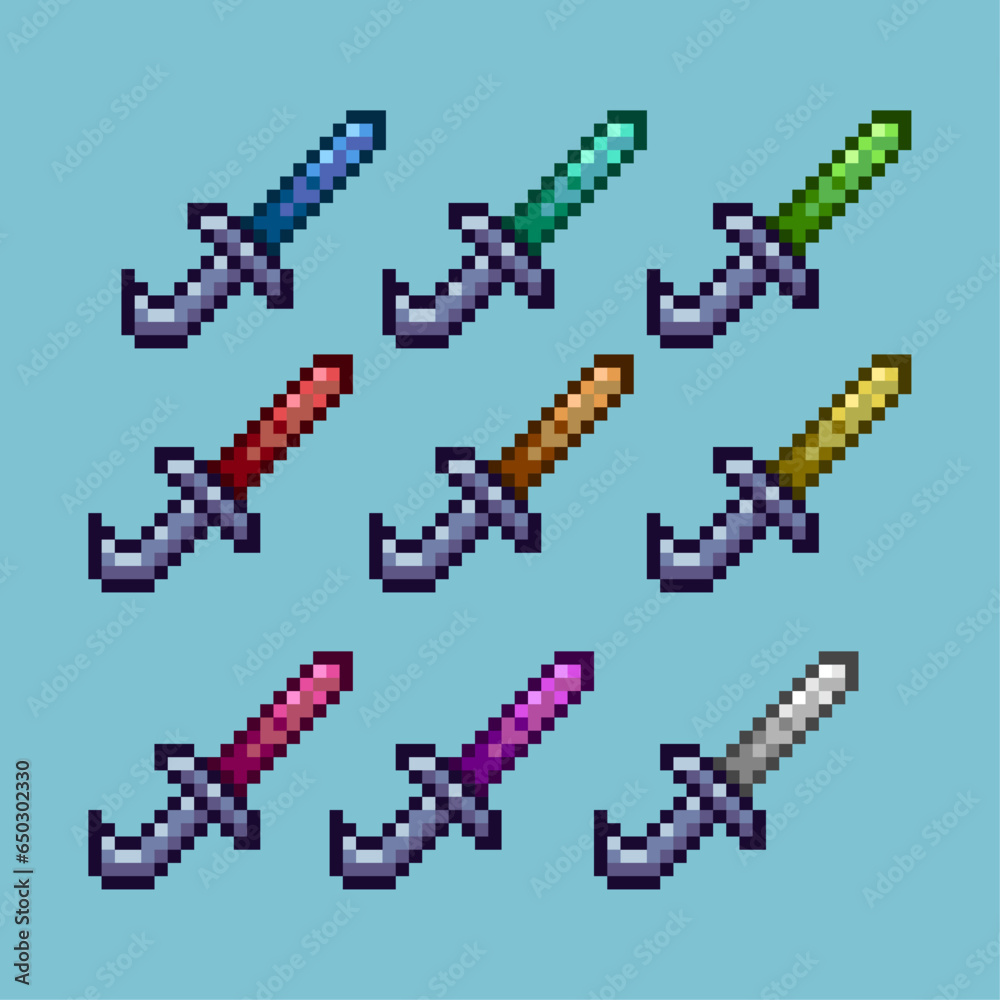 Poster pixel art sets of dagger weapon with variation color item asset. simple bits of weapon dagger melee 