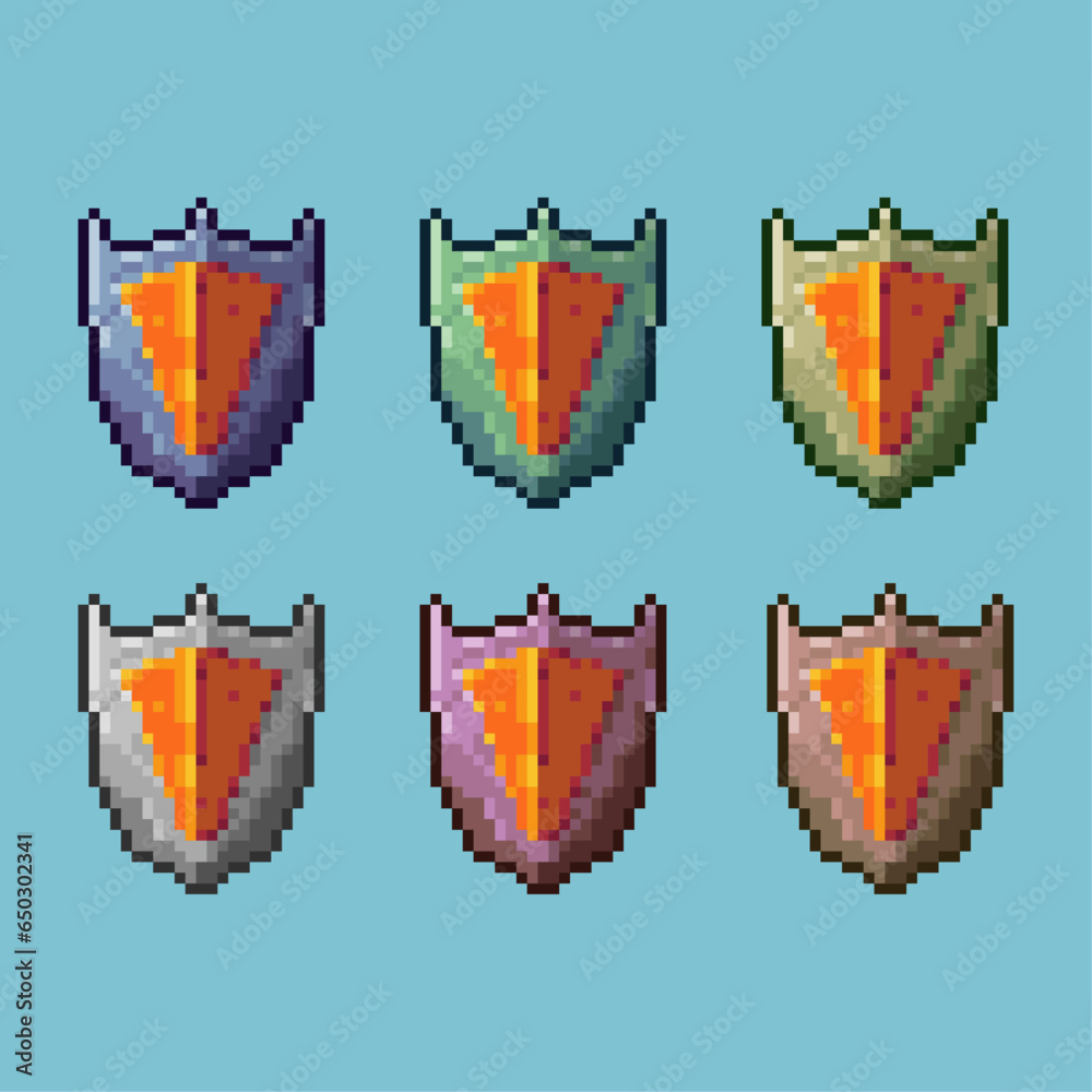 Fototapete pixel art sets of shield rpg game items with variation color asset. simple bits of shield defense on