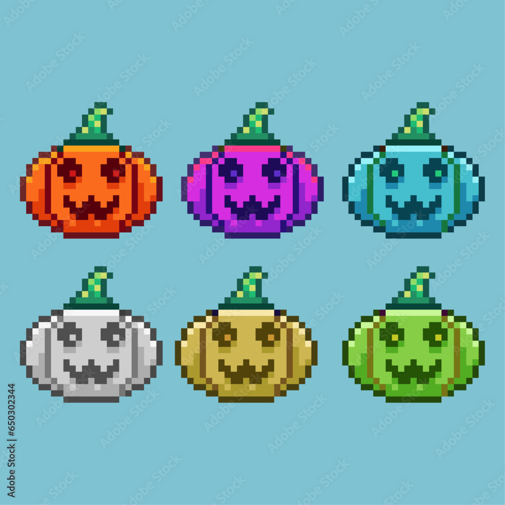 Poster pixel art sets of pumkin face with variation color item asset. simple bits of halloween pumkin scary