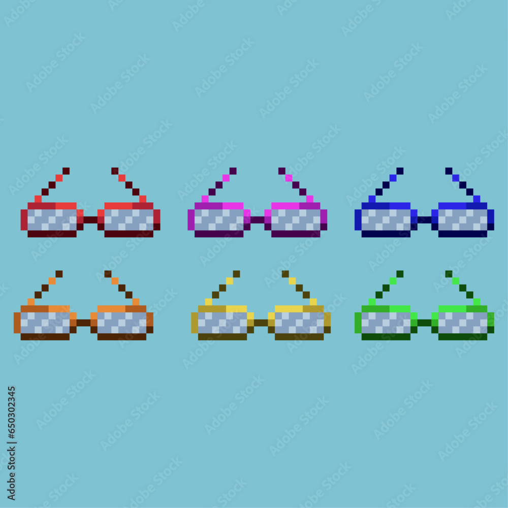 Poster pixel art sets of glasses with variation color item asset. simple bits of glasses on pixelated style