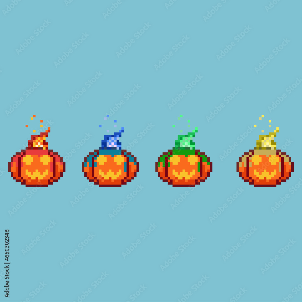 Poster pixel art sets of fire pumkin with variation color item asset. simple bits of halloween fire pumkin 
