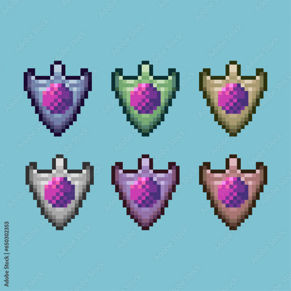 Poster pixel art sets of shield rpg game items with variation color asset. simple bits of shield defense on