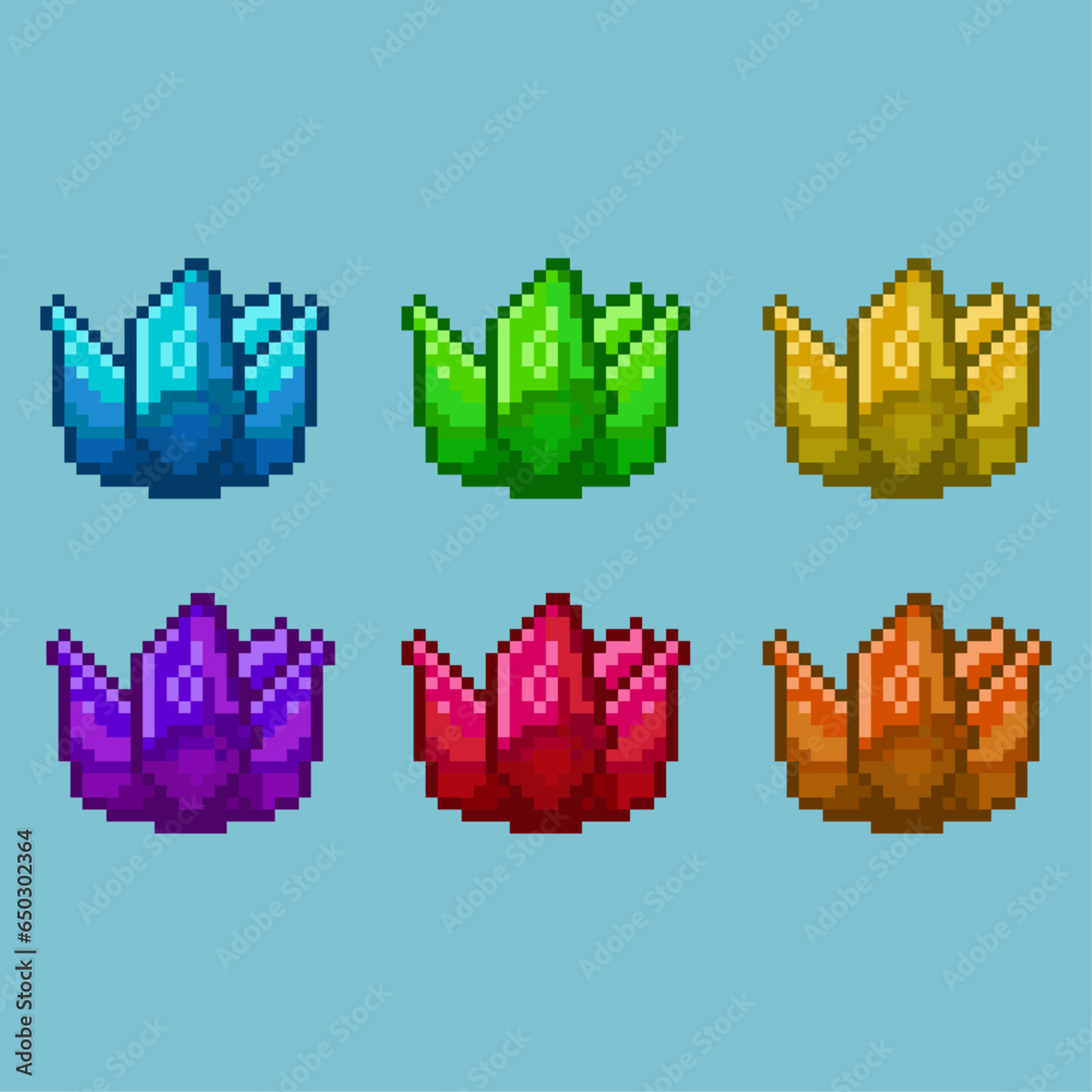 Poster pixel art sets of crystal with variation color item asset. simple bits of crystal loots item rpg on 