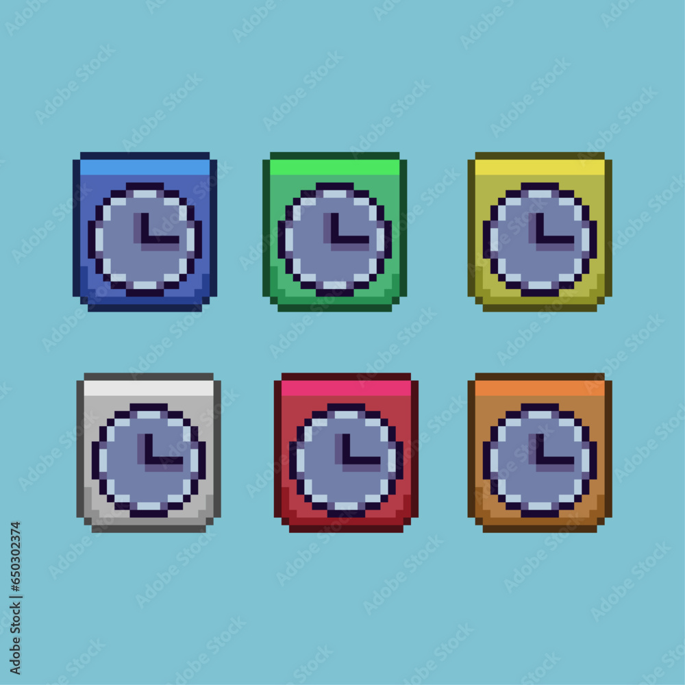 Fototapete pixel art sets of clock timer decoration with variation color item asset. simple bits of clock on pi